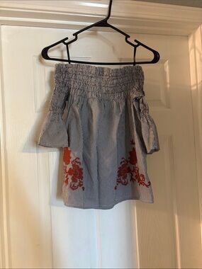 Sweet Wanderer Blue Pinstripe Off-Shoulder Top with Rust Floral Embroidery